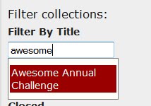 Filter By Title field - the word awesome has been typed in and the autocomplete is suggesting Awesome Annual Challenge