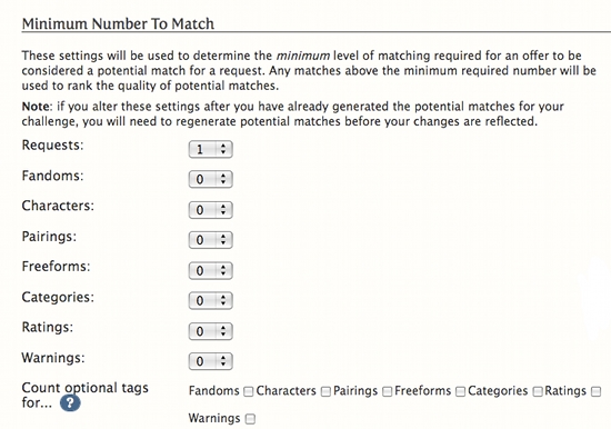 Image:List of drop down menus with numbers for minuimum number of matches to make. List includes Requests, Fandoms, Characters, Relationships, Freeforms, Categories, Ratings, Warnings.