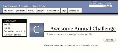 Dashboard of the Awesome Annual Challenge collection; a sidebar contains links to a subcollection, as well as to the collection's profile, rules and random items