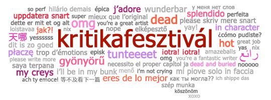 A Nemzetközi Rajongói Munkák napjának bannere, melyen sokféle nyelvre lefordított kifejezések találhatók, amiket akkor szoktak használni, mikor valaki pozitív visszajelzést hagy egy rajongói munkán.