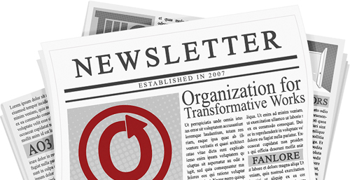 Banner by caitie of a newspaper with the name and logos of the OTW and its projects on the pages.