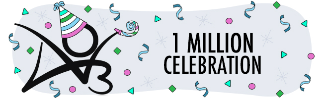 AO3 logo wearing a party hat with the words '1 Million Celebration'