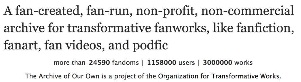 Partial screenshot of the AO3 homepage showing 3 million fanworks