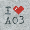 ASCII style image of a red heart on a grey t-shirt background, reading: I heart AO3.