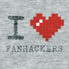 ASCII style image of a red heart on a grey t-shirt background, reading: I heart Fanhackers