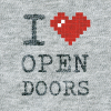 ASCII style image of a red heart on a grey t-shirt background, reading: I heart Open Doors.