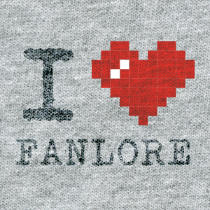 ASCII style image of a red heart on a grey t-shirt background, reading: I heart Fanlore.