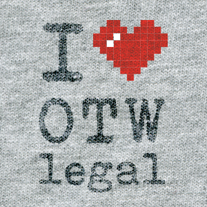 ASCII style image of a red heart on a grey t-shirt background, reading: I heart OTW Legal.