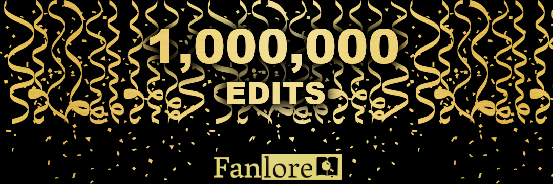 Gold and black banner with streamers and text reading '1 Million Edits' with the Fanlore logo below
