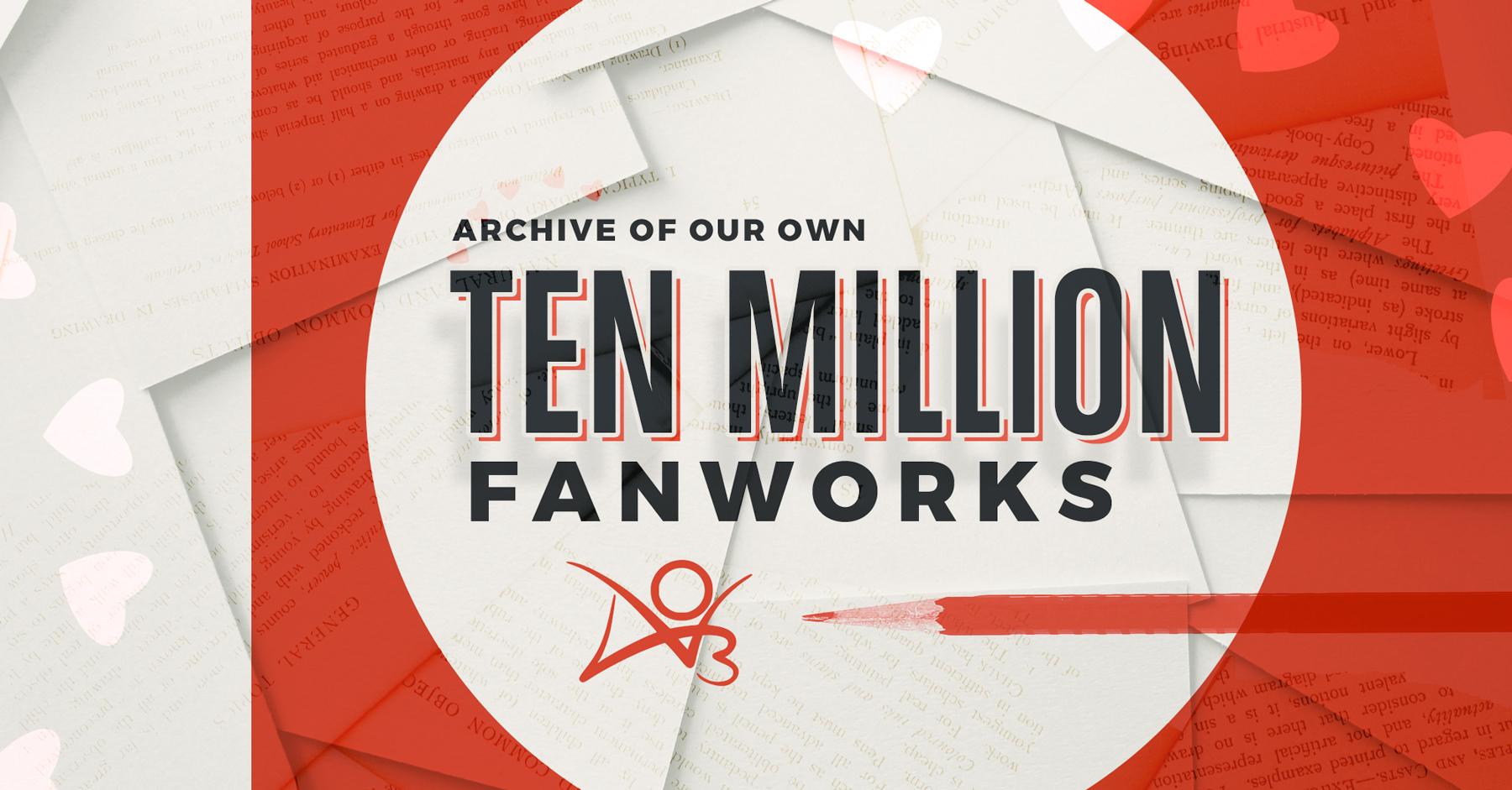 A banner that reads "Archive of Our Own Ten Million Fanworks" in black over a white circle overlayed on book pages
