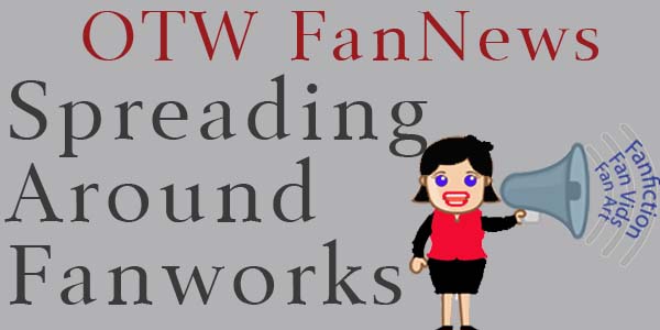 banner by Robyn of a cartoon woman announcing types of fanworks with a megaphone