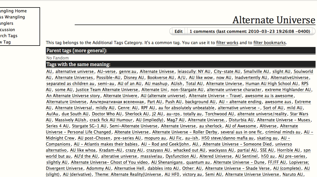 Partial screenshot of tag view page for Alternate Universe freeform, showing all the tags which are marked as synonyms to this tag and will show up when searching Alternate Universe
